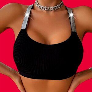 Black Ribbed Crop Top with Sparkly Sequin Straps, Brand New